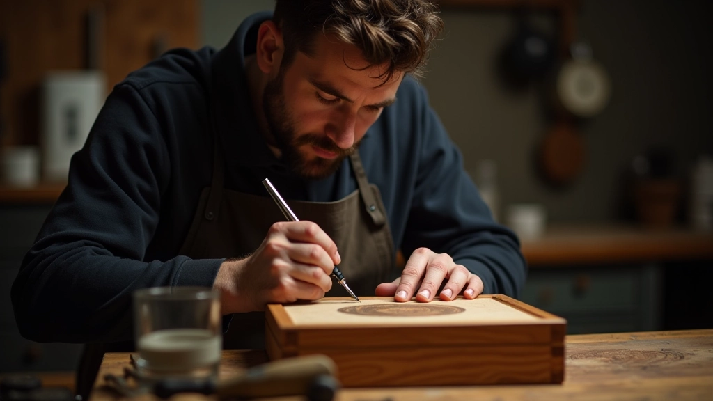 Artisan crafting engraved wooden gift box in workshop setting with precision tools