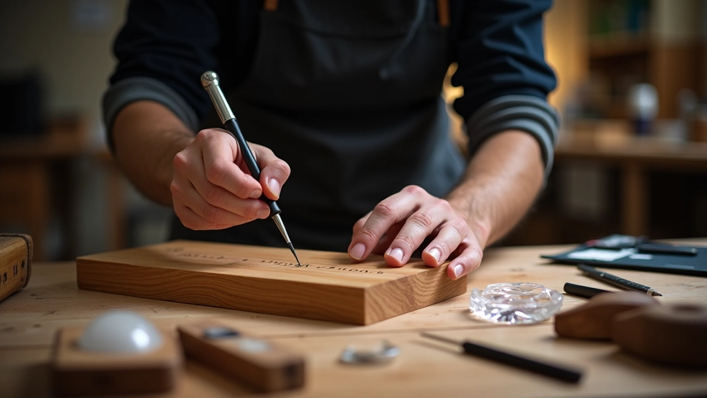 Professional engraving tools creating detailed text on wooden surface and crystal glass with precision laser equipment