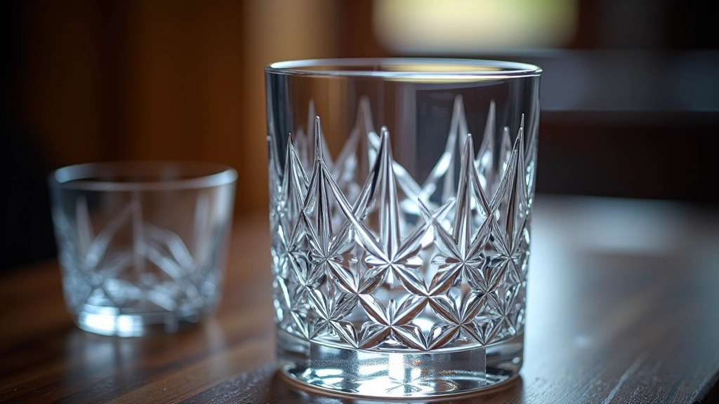 Close-up detail of hand-engraved crystal patterns showing intricate geometric designs and light refraction through cut glass