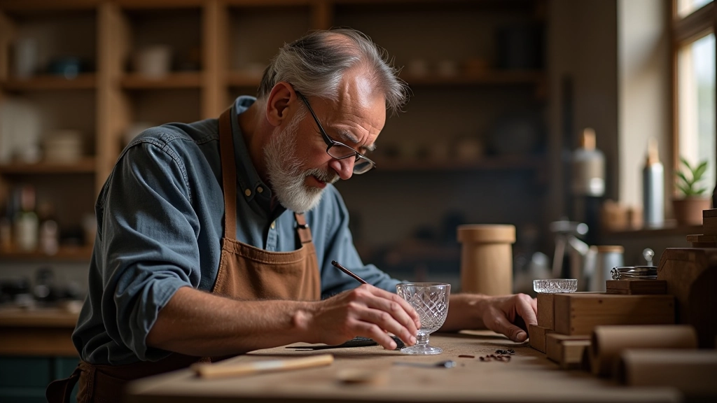 Artisan crystal craftsman at work in traditional Karlovy Vary workshop, demonstrating hand-cutting techniques on crystal glass